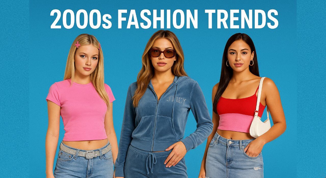 Three women wearing iconic Y2K outfits — a pink baby tee with low-rise jeans, a blue velour Juicy-style tracksuit, and a red-and-pink crop top with a mini skirt — standing against a blue background under the title ‘2000s Fashion Trends,’ showcasing popular early 2000s style aesthetics.