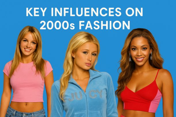 Collage of early 2000s fashion icons inspired by Britney Spears, Paris Hilton, and Beyoncé, showcasing Y2K style influences with crop tops and a velour tracksuit under the heading ‘Key Influences on 2000s Fashion.