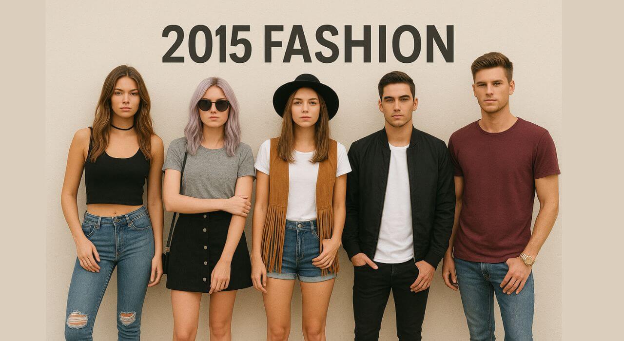 A group of 5 people 3 women and 2 men wearing 2015 styled clothing and all of them looking stylist.