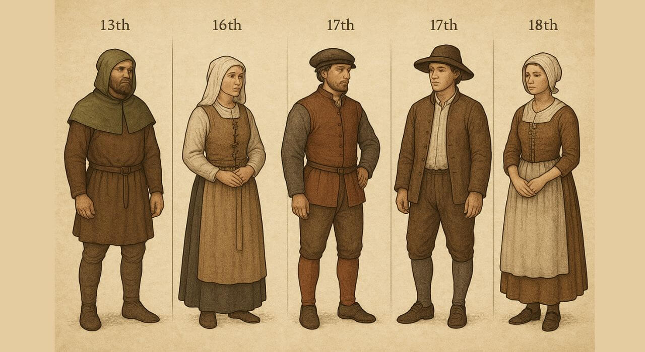 Medieval people wearing the clothes of 13th, 16th, 17th, and 18th centuries.