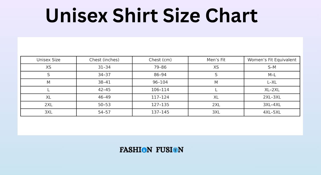 Unisex Shirt Size Chart create by fashion fusion