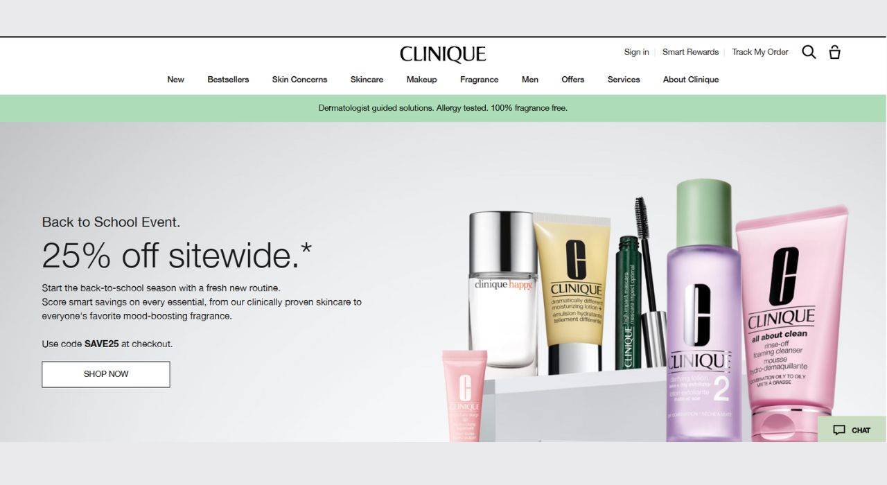 Homepage of Clinique website