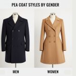 Horizontal image showing two classic double-breasted pea coats: a boxier, hip-length navy coat for men on the left, and a longer, waist-cinching camel coat for women on the right.