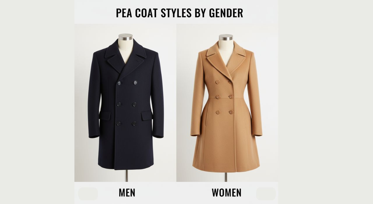 Horizontal image showing two classic double-breasted pea coats: a boxier, hip-length navy coat for men on the left, and a longer, waist-cinching camel coat for women on the right.