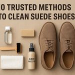 Flat lay of suede shoe cleaning essentials including brown suede shoes, brush, eraser, vinegar bottle, cloth, and suede protector spray on beige background with text “10 Trusted Methods to Clean Suede Shoes” — illustrating a complete suede shoe care setup