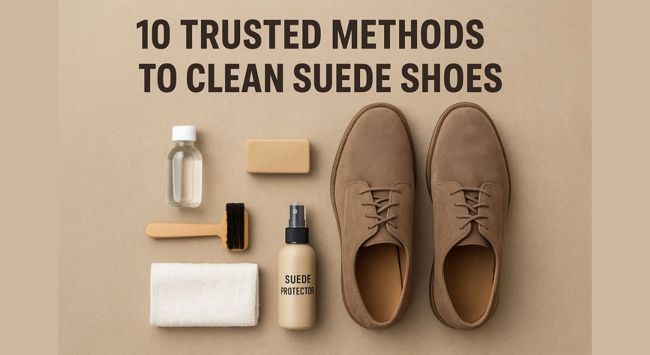 Flat lay of suede shoe cleaning essentials including brown suede shoes, brush, eraser, vinegar bottle, cloth, and suede protector spray on beige background with text “10 Trusted Methods to Clean Suede Shoes” — illustrating a complete suede shoe care setup