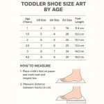 Toddler shoe size chart by age showing US, UK, EU sizes, and foot lengths in centimeters with illustrated foot measurement guide for parents to find the right shoe fit for toddlers