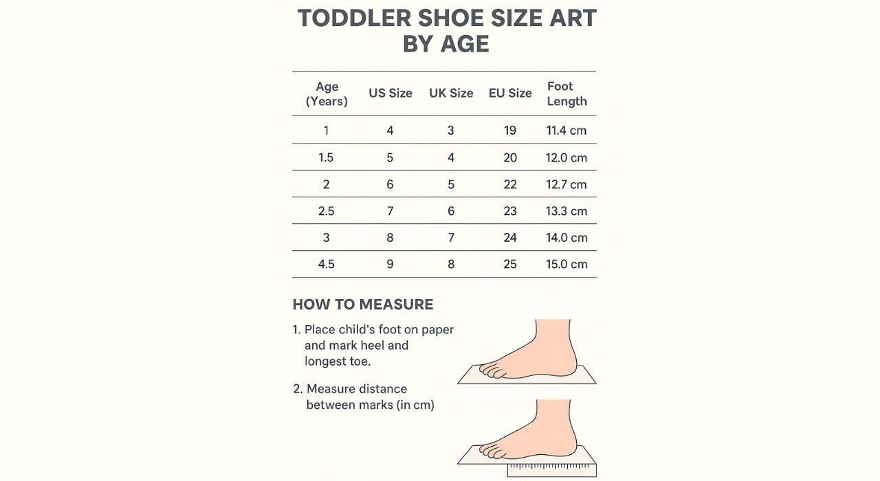 Toddler shoe size chart by age showing US, UK, EU sizes, and foot lengths in centimeters with illustrated foot measurement guide for parents to find the right shoe fit for toddlers