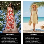 Maxi dress vs. sundress fashion guide. Left: Woman in a white and orange floral maxi dress (cotton, chiffon, silk, rayon) for elegant, versatile, semi-formal, or evening occasions. Right: Woman in a yellow gingham sundress (cotton, linen, rayon) with a relaxed silhouette for casual, playful daytime, beach, or picnic events. Includes key differences in length, fit, fabric, style, and occasion.