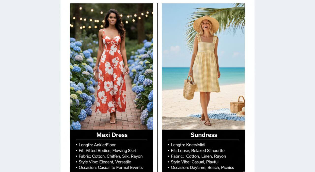 Maxi dress vs. sundress fashion guide. Left: Woman in a white and orange floral maxi dress (cotton, chiffon, silk, rayon) for elegant, versatile, semi-formal, or evening occasions. Right: Woman in a yellow gingham sundress (cotton, linen, rayon) with a relaxed silhouette for casual, playful daytime, beach, or picnic events. Includes key differences in length, fit, fabric, style, and occasion.