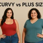 Two women standing side by side illustrating the difference between curvy and plus size body types, one with an hourglass curvy shape in a red tank top and the other representing plus size fashion in a teal T-shirt, used for a blog explaining curvy vs plus size