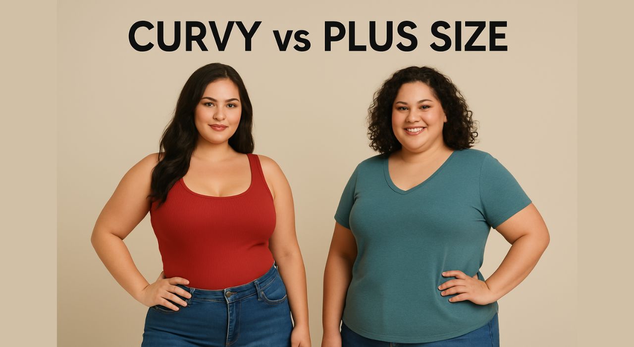 Two women standing side by side illustrating the difference between curvy and plus size body types, one with an hourglass curvy shape in a red tank top and the other representing plus size fashion in a teal T-shirt, used for a blog explaining curvy vs plus size