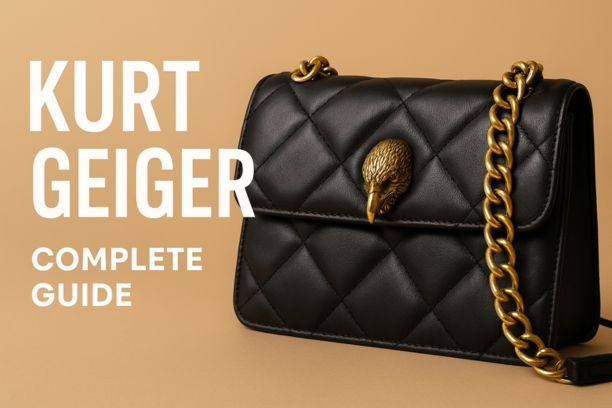 Black Kurt Geiger quilted handbag with gold eagle emblem and chain strap on a beige background, featured as the hero image for a complete Kurt Geiger guide.