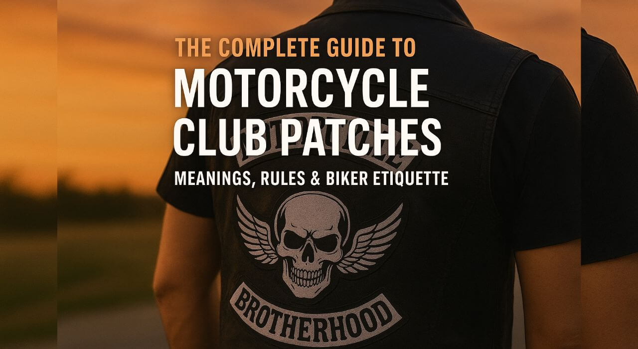 Biker wearing a leather vest with three-piece motorcycle club patch featuring skull and wings at sunset — complete guide to motorcycle club patches, meanings, rules, and biker etiquette.