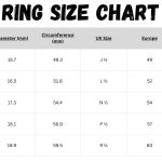 Ring size chart displaying US sizes 5 to 9 with corresponding measurements in diameter, circumference, UK sizes, Europe sizes, and Japan sizes for accurate ring size conversion.