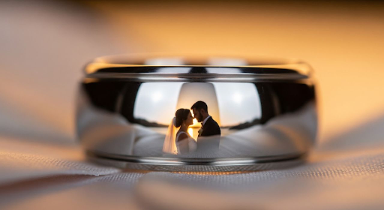 Creative wedding photography idea featuring a bride and groom posing romantically with their reflection captured inside a wedding ring, symbolizing eternal love and commitment.