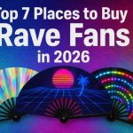 Colorful digital image showing three vibrant rave fans—holographic, retro sunset, and LED light-up—against a neon gradient background with the text ‘Top 7 Places to Buy Rave Fans in 2026’.