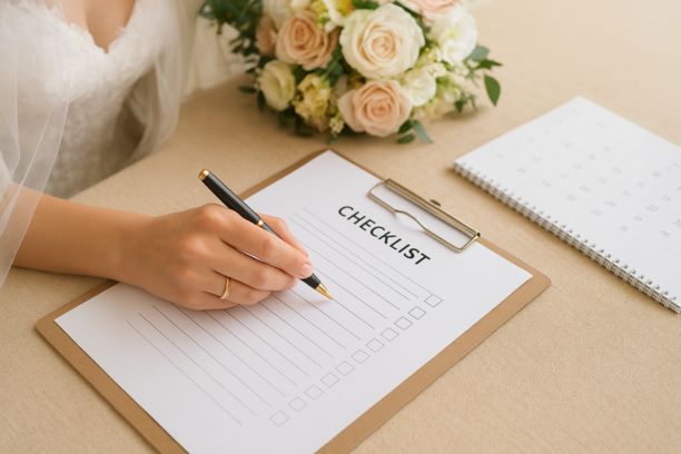 Bride reviewing a wedding planning checklist with a pen, calendar, and floral bouquet on a desk before the wedding day