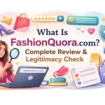 stylish woman using a laptop with fashion items and trust icons, alongside text reading “What Is FashionQuora.com? Complete Review & Legitimacy Check.