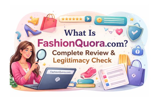 stylish woman using a laptop with fashion items and trust icons, alongside text reading “What Is FashionQuora.com? Complete Review & Legitimacy Check.