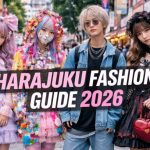 Four young people showcasing Harajuku fashion in Tokyo’s Takeshita Street, wearing colorful kawaii, decora, gender-neutral denim, and gothic lolita outfits, representing modern Japanese street style trends in 2026.