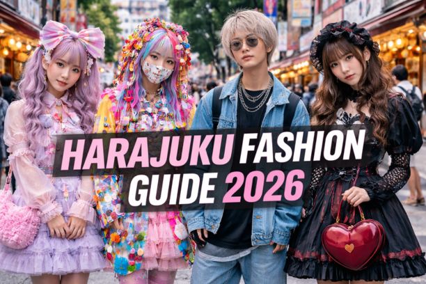 Four young people showcasing Harajuku fashion in Tokyo’s Takeshita Street, wearing colorful kawaii, decora, gender-neutral denim, and gothic lolita outfits, representing modern Japanese street style trends in 2026.