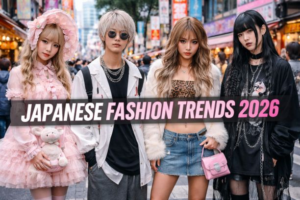 Young people wearing Japanese fashion styles in Harajuku, showcasing Lolita, genderless, Gyaru, and Angura Kei trends in 2026.