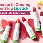 Mamaearth Creamy Matte Long Stay Lipstick product info and reviews showing multiple shades with creamy matte texture