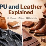 Comparison of PU leather and genuine leather products showing a PU leather jacket and handbag on one side and real leather boots, belt, and wallet on the other, highlighting material differences and buying guide insights.