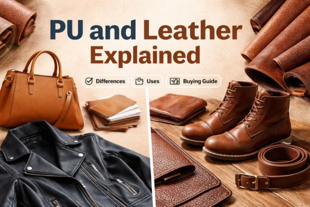Comparison of PU leather and genuine leather products showing a PU leather jacket and handbag on one side and real leather boots, belt, and wallet on the other, highlighting material differences and buying guide insights.