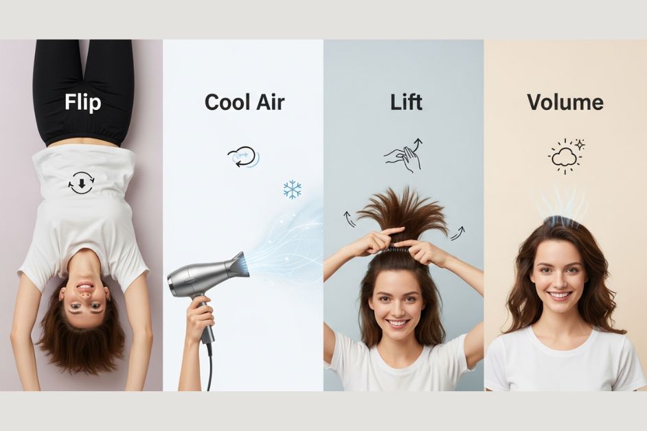 Four-step visual guide on how to add hair volume by flipping hair upside down, using cool air from a blow dryer, and lifting the roots.