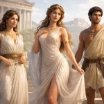 Ancient Greek chiton garments on men and women in classical architecture setting, showcasing Doric and Ionic styles, flowing draped fabrics, and 'wet drapery' technique in a sunlit temple scene.