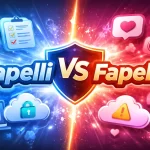“Fapelli vs Fapello” comparison graphic with business and social media icons on split background