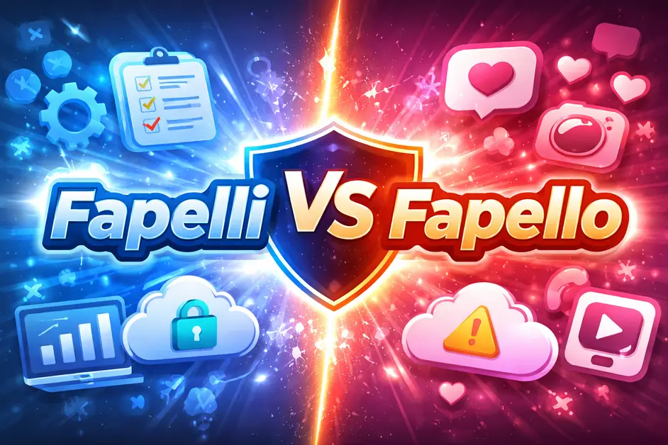 “Fapelli vs Fapello” comparison graphic with business and social media icons on split background