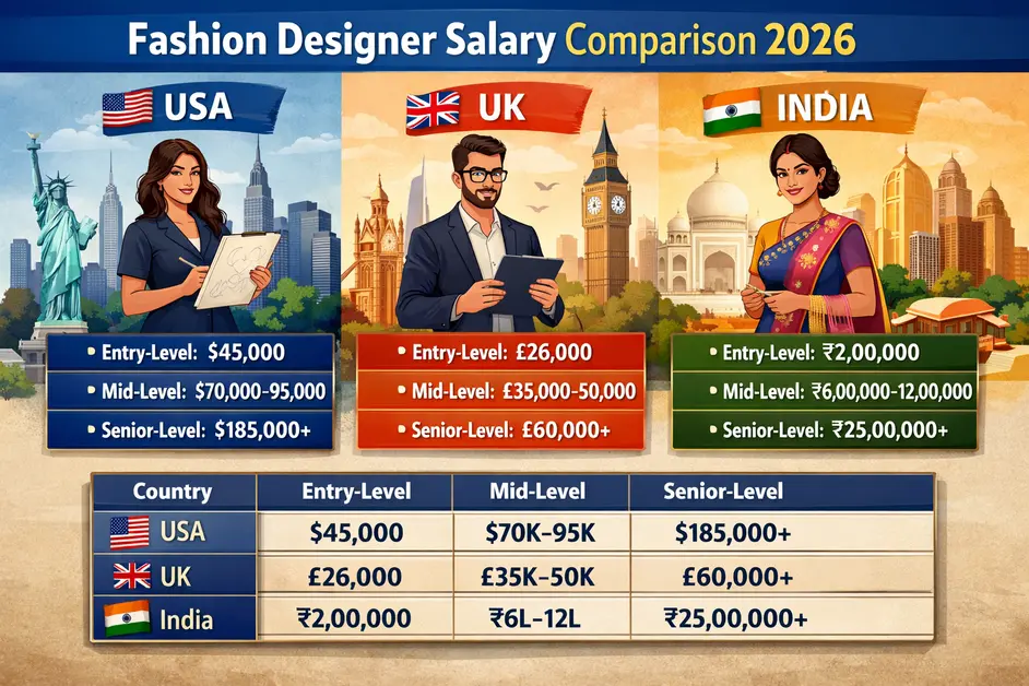 Fashion designer salary comparison 2026 infographic showing entry-level, mid-level, and senior salaries in USA ($45,000–$185,000+), UK (£26,000–£60,000+), and India (₹2,00,000–₹25,00,000+) in a horizontal table format.