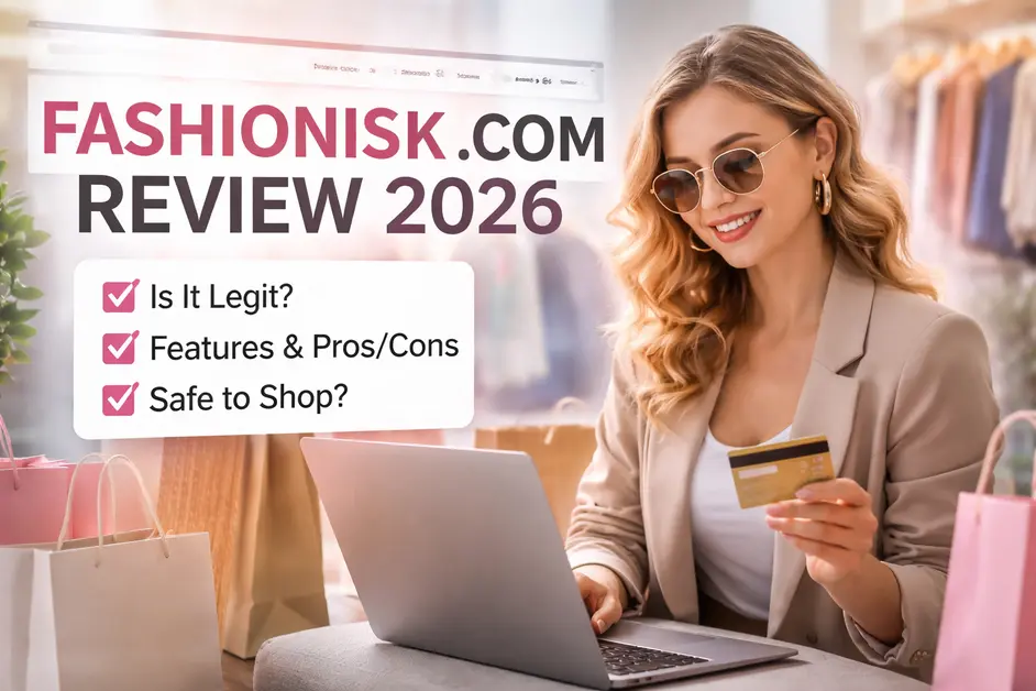 Fashionisk .com review 2026 banner showing a stylish woman shopping online with a laptop and credit card, highlighting legitimacy, features, pros and cons, and online shopping safety.