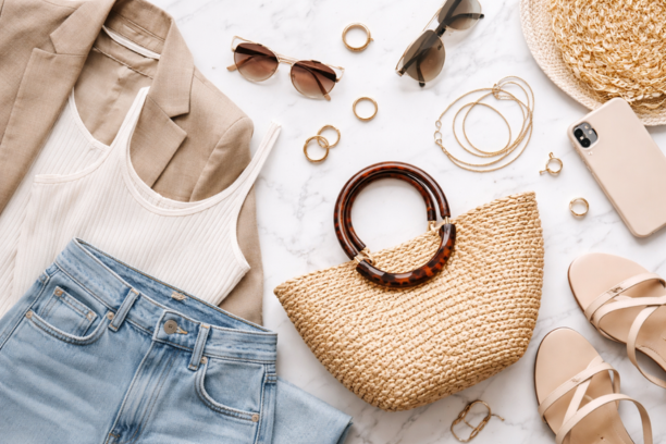 Gonzay com latest fashion outfit flat lay with trendy neutral clothes and accessories.