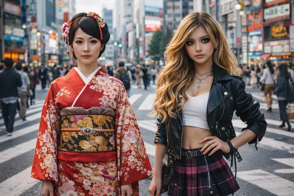 Side-by-side contrast of a traditional Japanese woman in a red kimono and a modern gyaru girl in bold street fashion at Shibuya Crossing, Tokyo