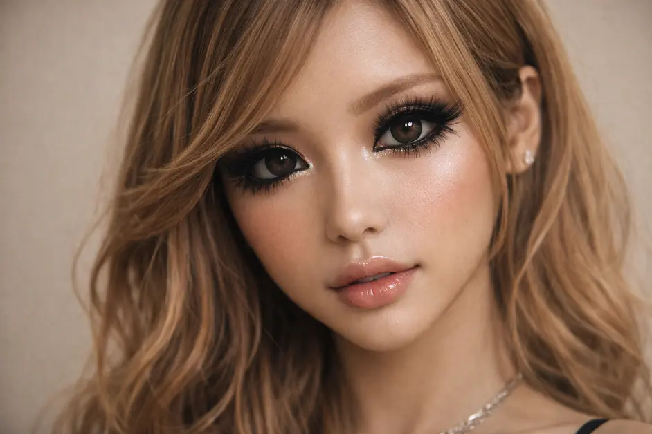 Close-up portrait of a Japanese gyaru model with dramatic eyeliner, thick false lashes, white under-eye highlight, glossy lips, and voluminous light brown hair.