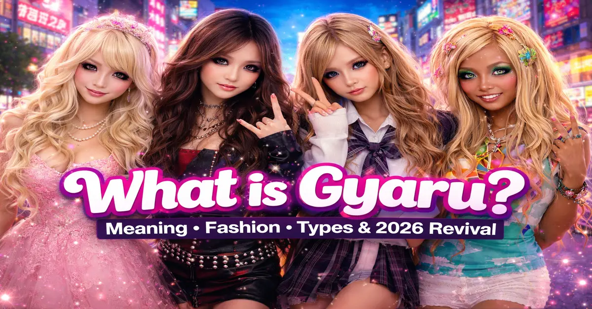 Gyaru fashion models in Shibuya wearing dramatic makeup, platform heels, and bold substyles including Hime, Rokku, Kogal, and Ganguro.