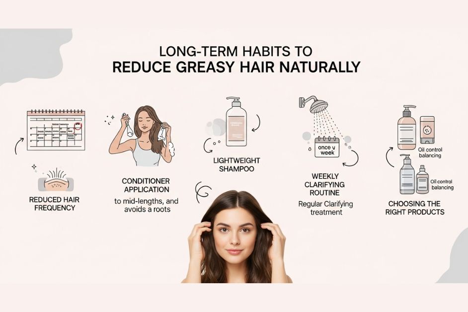 Infographic showing long-term habits to reduce greasy hair naturally, including reducing wash frequency, applying conditioner only to mid-lengths, and using clarifying treatments.