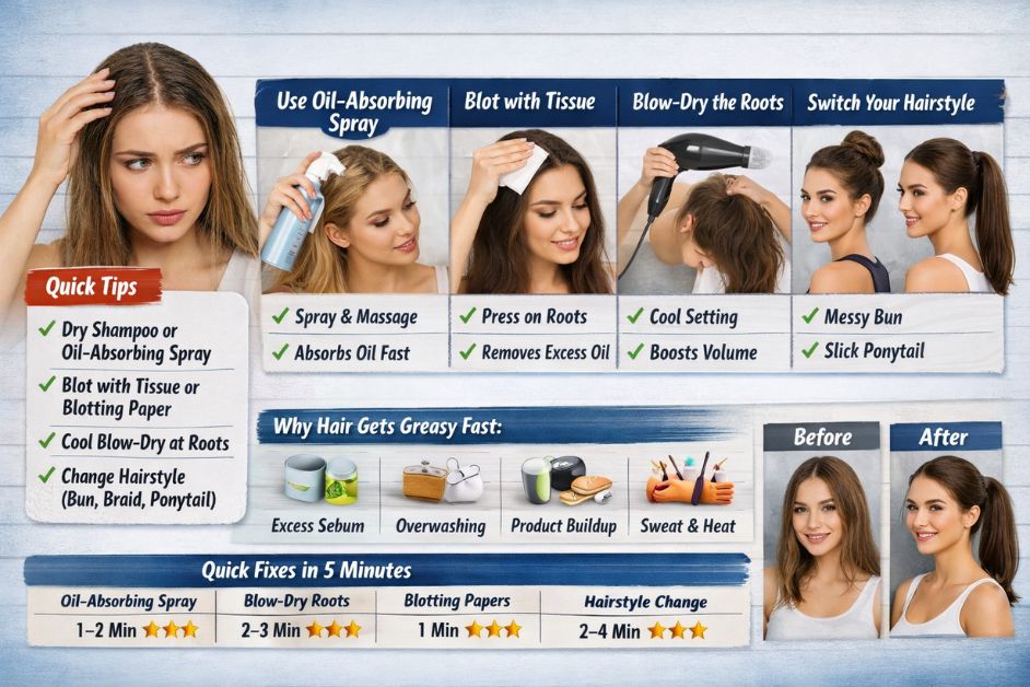 Infographic titled How to Make Your Hair Not Look Greasy in 5 Minutes showing quick fixes like oil-absorbing spray, blotting with tissue, blow-drying roots, and hairstyles like messy buns or slick ponytails to hide oily hair.