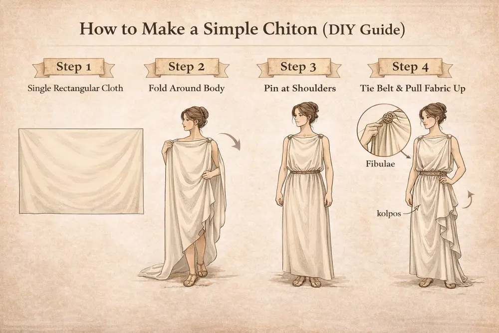 Step-by-step instructional diagram showing how to drape an ancient Greek chiton from a single rectangular piece of fabric, including folding, pinning at shoulders with fibulae, tying a belt, and creating the 'kolpos' bloused effect.