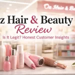 Oz Hair & Beauty review banner featuring pink haircare products, hair dryer, and blurred salon store background