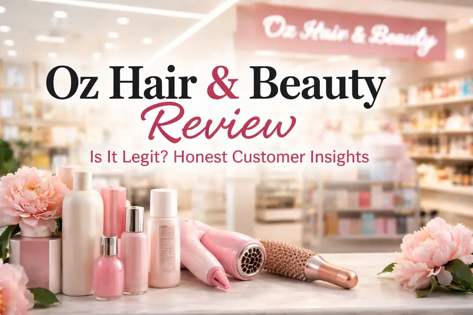 Oz Hair & Beauty review banner featuring pink haircare products, hair dryer, and blurred salon store background
