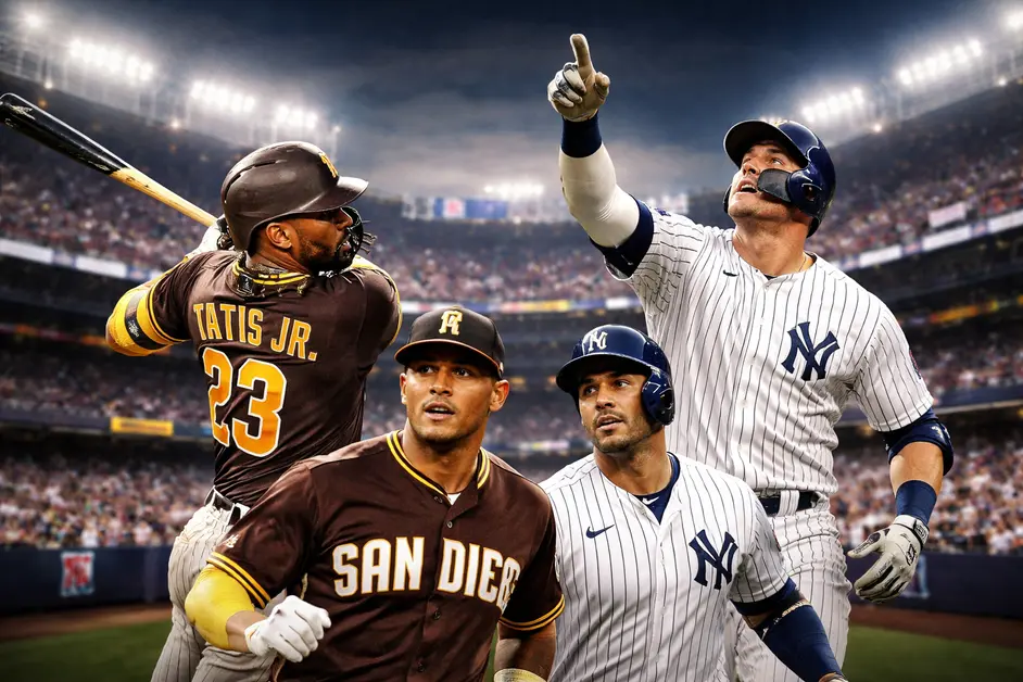 Fernando Tatis Jr., Manny Machado, and Aaron Judge in action during a high-intensity Padres vs Yankees MLB game at Yankee Stadium under bright stadium lights.