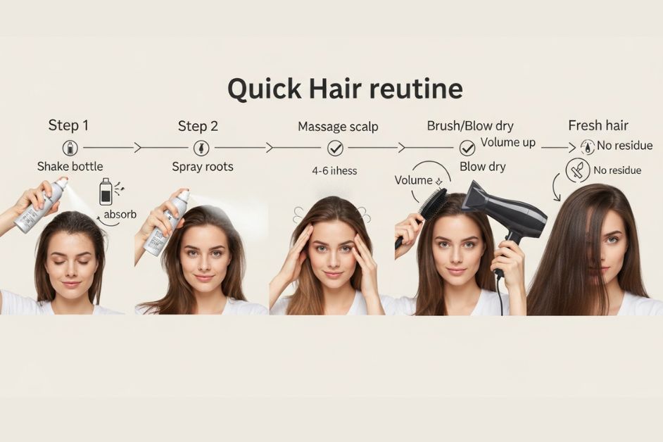 Step-by-step infographic for a Quick Hair Routine showing how to shake, spray roots, massage scalp, and blow-dry for fresh hair with no residue.