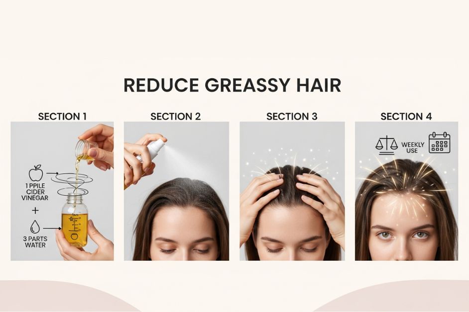 Infographic showing how to Reduce Greasy Hair using an apple cider vinegar rinse with 1 part vinegar and 3 parts water for weekly use.