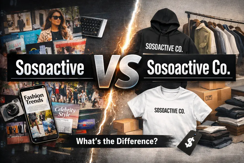 Split-screen hero image comparing Sosoactive and Sosoactive Co, showing fashion blog content on one side and branded clothing merchandise on the other with “What’s the Difference?” headline.