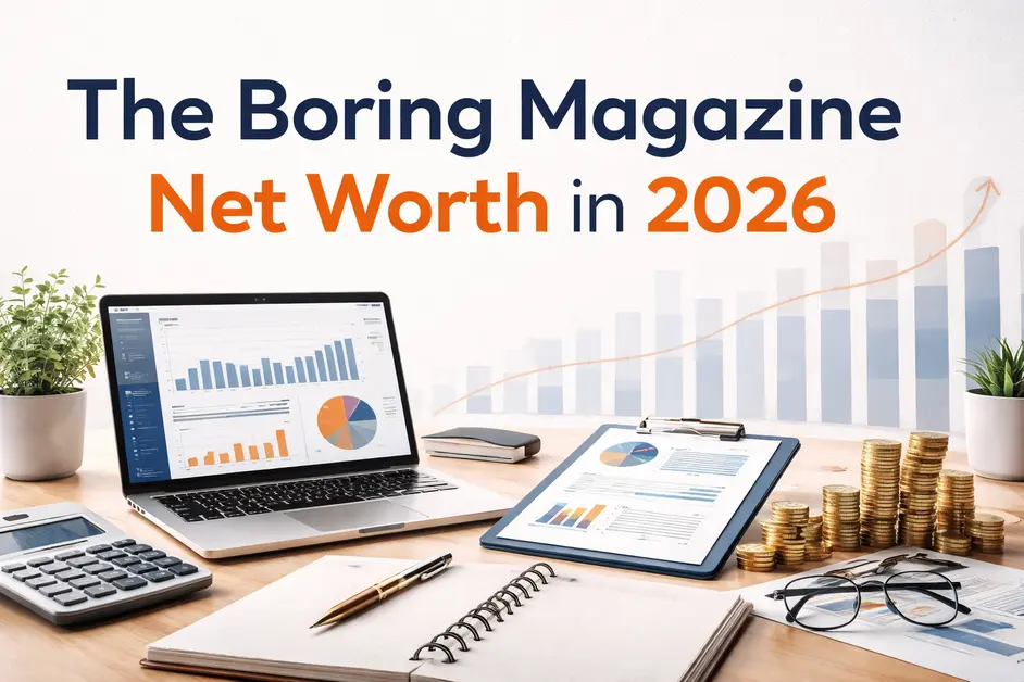 The Boring Magazine net worth in 2026 with revenue growth charts and digital publishing workspace